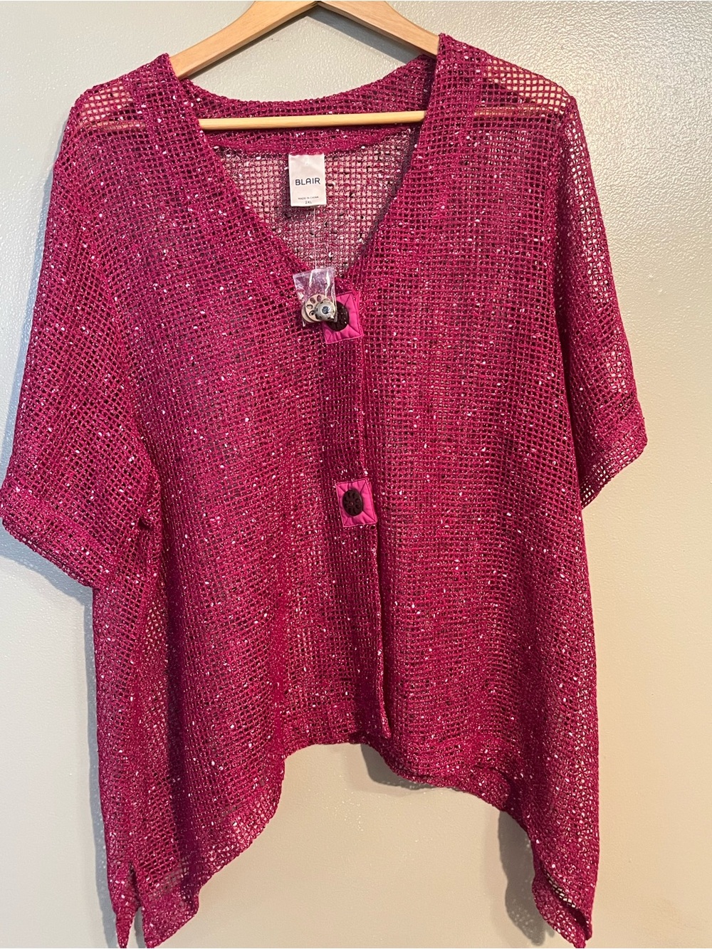 Blair Fuchsia Open-Knit V-Neck Button Top Tunic Lagenlook 2XL New